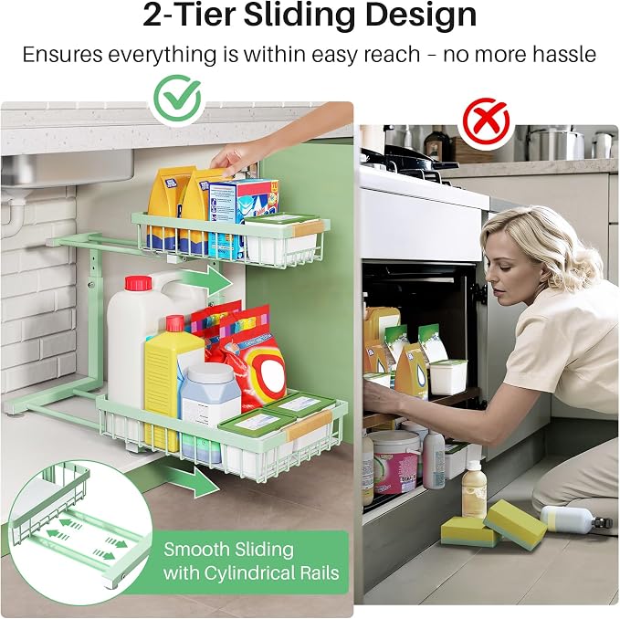 Kitstorack Under Sink Organizer, 2 Tier Under the Sink Storage, Slide out Pull out Cabinet Organizer Shelf, Metal Sliding Drawer for Kitchen Bathroom Pantry Closet Organization Rack, Green, 1 Pack - Image 3