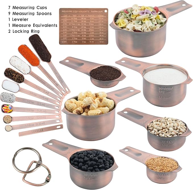 Measuring Cups and Spoons Set, Copper Measuring Cups and Spoons Set for Dry & Liquid, Metric&US 7 Stainless Steel MeasureR Cup&9 Spoon Leveler & Measure Enquivalents for Kitchen & Baking - Image 2