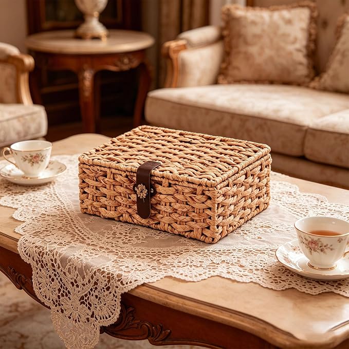 Set of 2 Water Hyacinth Wicker Storage Baskets with Lid | Rectangular woven decorative bins for shelf desktop home organization decor - Image 7