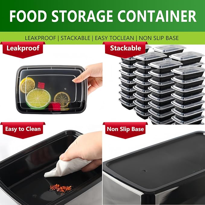 28oz Meal Prep Containers Bulk 48 Set with Forks and Lids - To Go Food Containers 1 Compartment Snack Container Reusable Food Storage Containers, Freezer Safe and Leakproof Plastic Lunch Take Out Box - Image 6