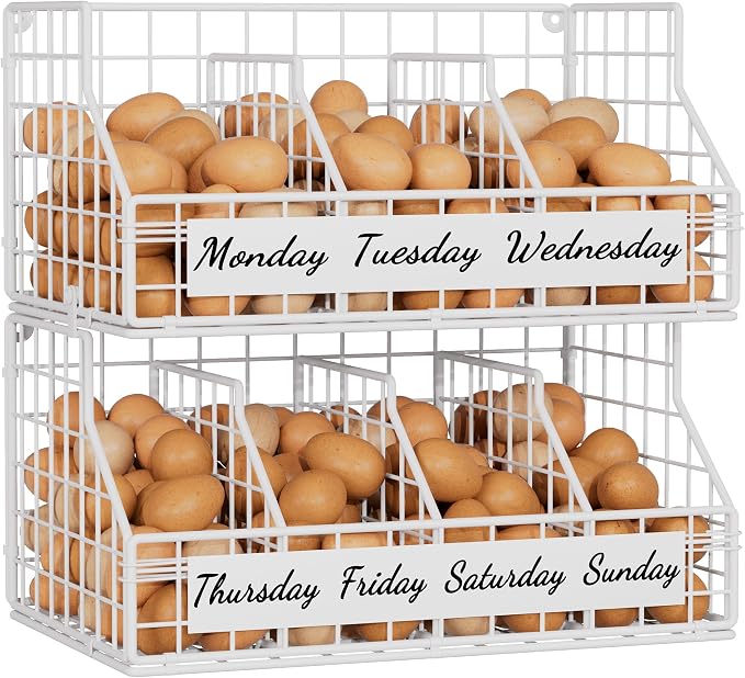 Egg Basket, Stackable Wall Mount Egg Holder Countertop with Weekday Labels | Rustproof carbon steel basket with adjustable dividers, ideal for backyard poultry, small kitchen & pantry storage, 2T White by FAMIDGE