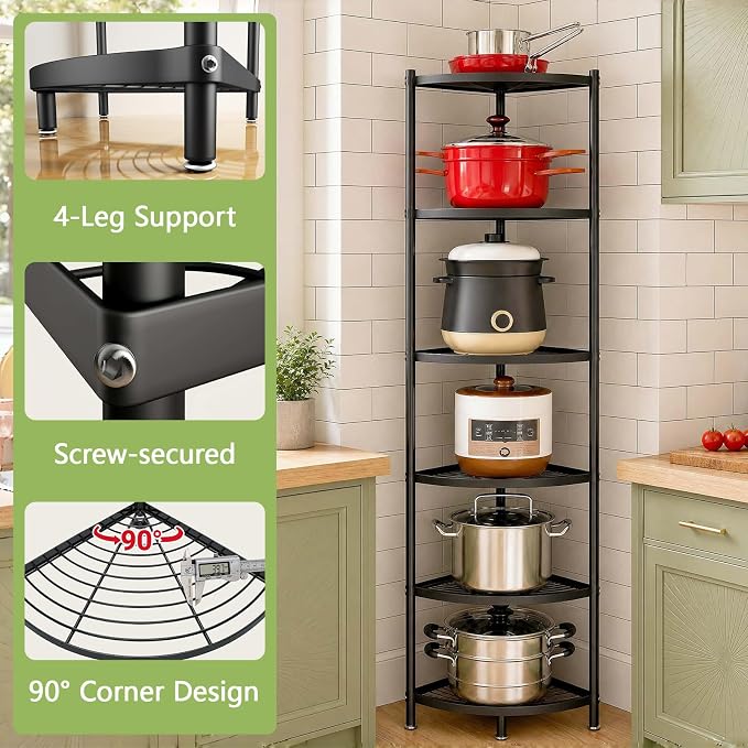 6-Tier Kitchen Corner Pot Rack, Floor Standing Corner Shelf | Narrow Corner Storage, Space Saving, Heavy-Duty Carbon Steel, Thick Solid Grid Shelf, Extra-Large Space Fits Large Cookwares - Image 6
