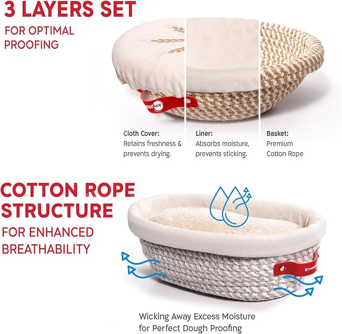 KneadAce Sourdough Starter Kit with Round & Oval Banneton Proofing Baskets | Splinter-Free Cotton Rope Proofing Baskets, Dough Whisk, Bread Lame, Scraper & Brush, Sling - Sourdough Bread Baking Supplies - Image 4