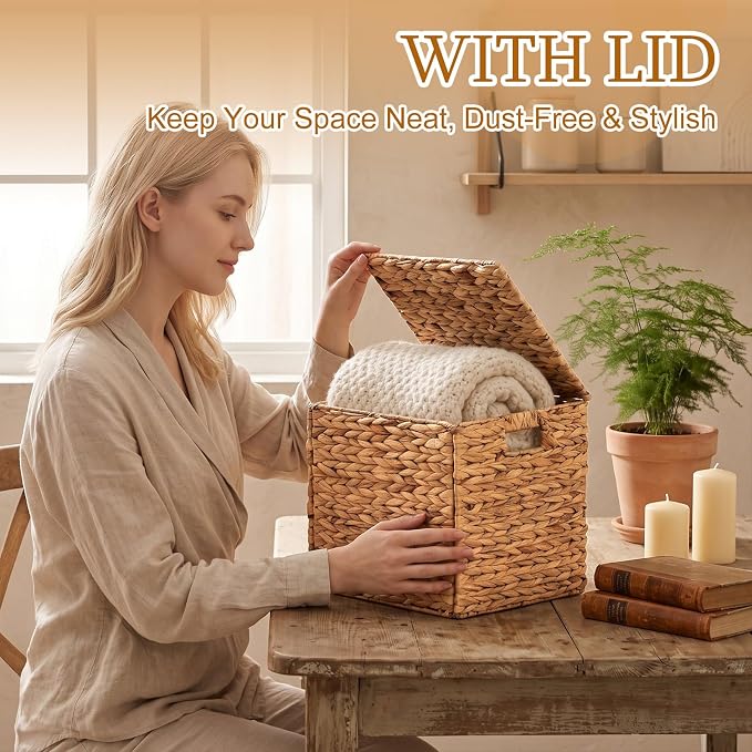Jinei 6 Pcs Wicker Storage Basket Bulk 10 x 10 x 10 Inch Handwoven Water Hyacinth Cube Bin with Handles Woven Laundry for Organizer Shelves Wood Color - Image 6