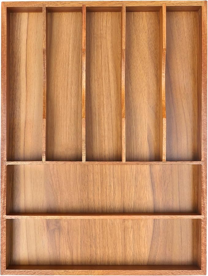 Bamboo Silverware Organizer, 12"x15.7" Utensil Holder Cutlery Tray with Grooved Drawer Dividers for Kitchen Flatware, Bedroom, Office (7 Slot, Acacia) by Bellsal