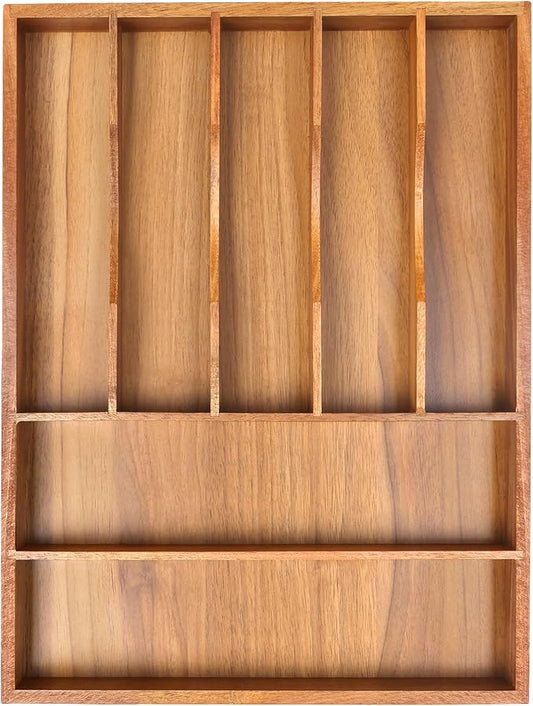 Bamboo Silverware Organizer, 12"x15.7" Utensil Holder Cutlery Tray with Grooved Drawer Dividers for Kitchen Flatware, Bedroom, Office (7 Slot, Acacia) by Bellsal