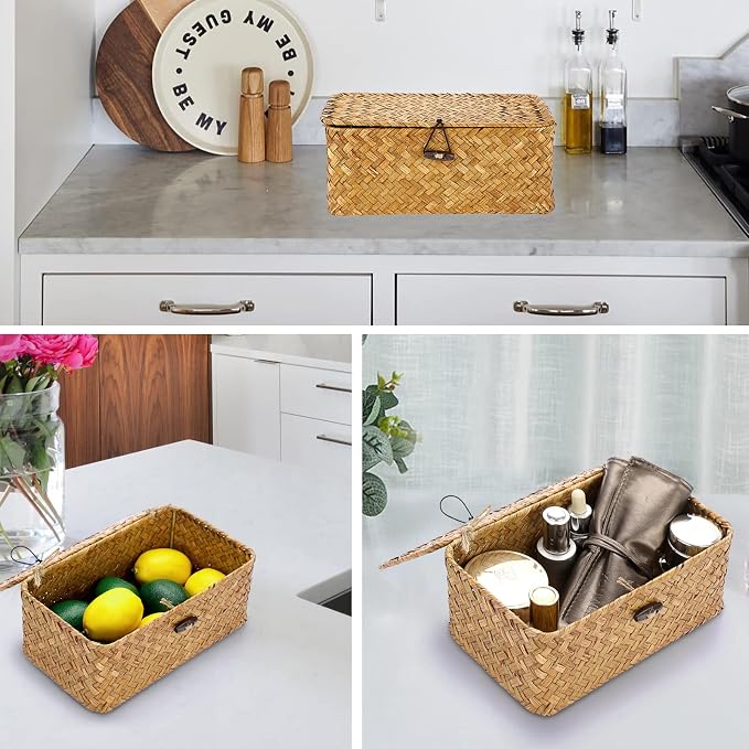 Hipiwe Wicker Shelf Baskets Bin with Lid X-Small Handwoven Basket for Shelf | Natural Seagrass Storage Box, Rectangular Household Basket Boxes for Wardrobe Home Organizer, Caramel - Image 2
