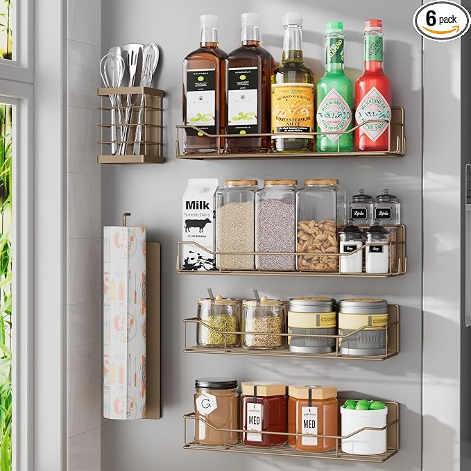 Magnetic Spice Rack for Refrigerator, 6 Pack Strong Magnet Spice Organizer with Paper Towel Holder, Utensil Holder, Moveable Magnetic Fridge Shelf for Kitchen Organization and Storage (Brown) by IYEBAU