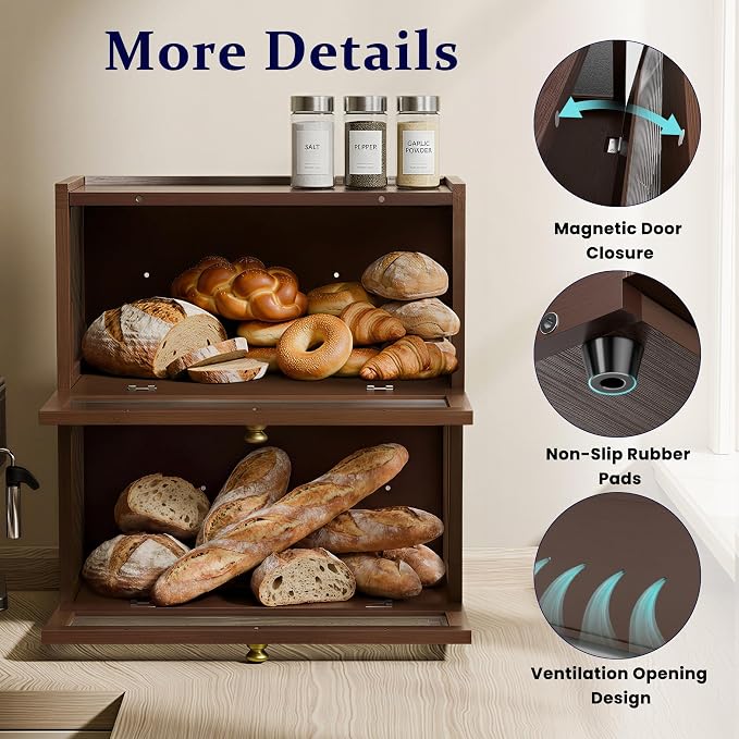 Stackable Bread Box for Kitchen Countertop, 2 Tier bamboo Bread Storage Container Holder Bin for Baked Goods Snacks Farmhouse Breadbox with Acrylic Window for Pantry Cabinet Cupboard, Brown - Image 7