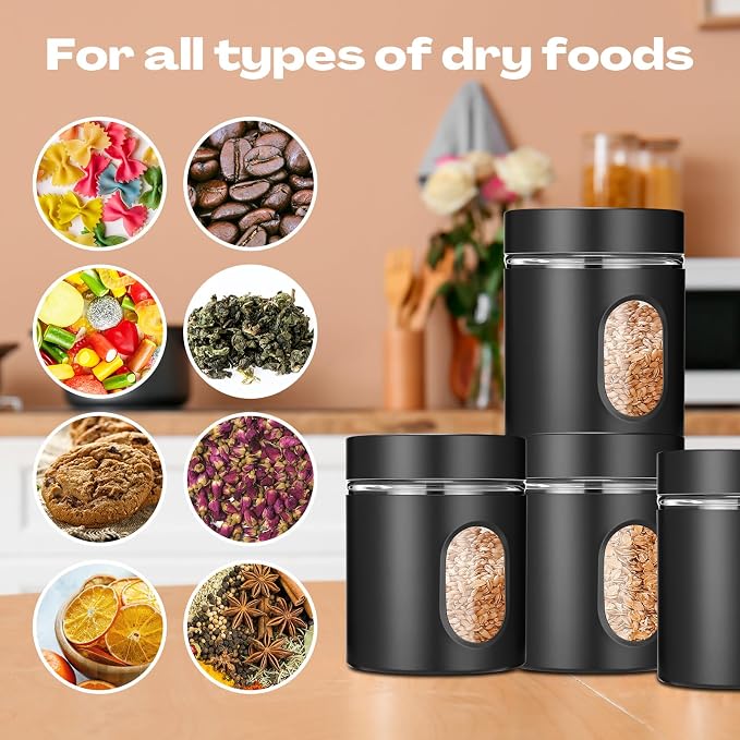 Patelai 6 Pack Kitchen Canisters Set 20 oz Airtight Stainless Steel Canister Food Storage Container with Window Glass, Coffee Sugar Candy Jars Tea Organizer for Flour Cookies Spice Kitchen (Black) - Image 7