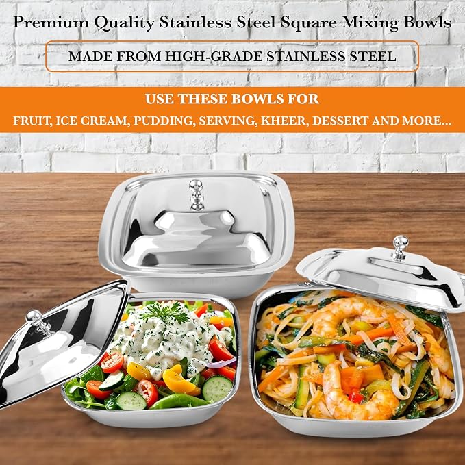 CRAFTONE Stainless Steel Square Mixing Bowls Set of 3 with Lid, Ideal for Baking & Serving Salad, Rice, Desert, Food Storage Bowl Set (20 Oz, 30 Oz and 35 Oz) - Image 3
