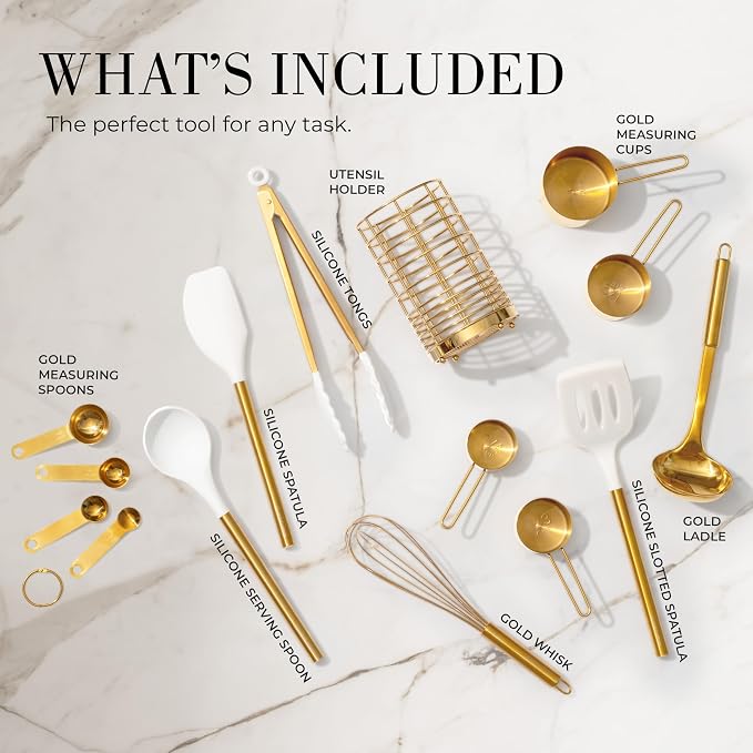Styled Settings White and Gold Kitchen Utensils Set with Holder, 15-Piece | Nonstick BPA-Free Silicone Cooking Utensils with Measuring Cups and Spoons - Luxury Kitchen Accessories for Stylish Cooking - Image 2