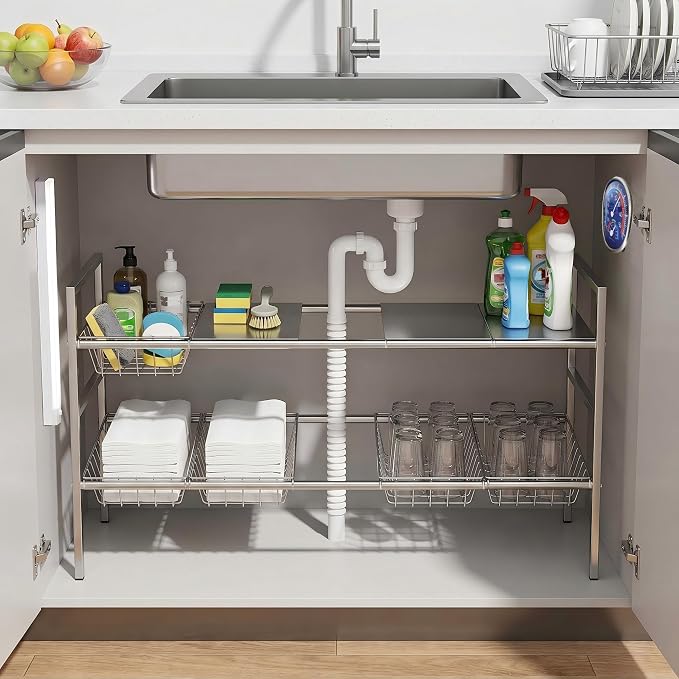 Under-Sink Organizer 2-Tier Expandable Cabinet Storage (5 panels 5baskets) | LED Motion-Sensing Auxiliary Lighting Dial Thermometer Stainless Steel Telescopic & Adjustable Rust-Resistant - Image 6