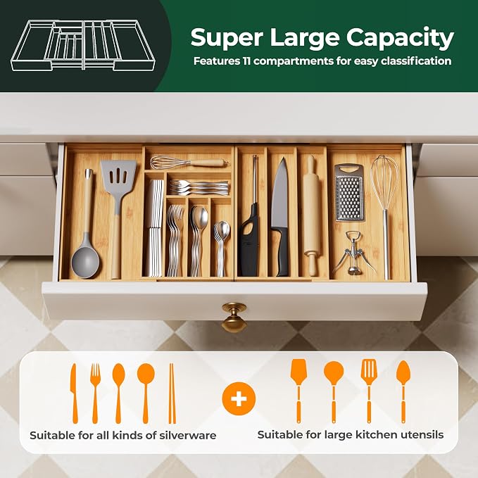 Large Silverware Organizer, 11 Slots Magnetic Connected Expandable Acacia Wood Utensil Drawer Organizer From 21 to 37.4 Inches, Adjustable Flatware and Cutlery Holder, Utensil Tray for Kitchen - Image 4