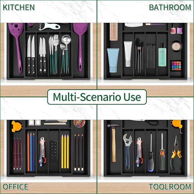 Utoplike Bamboo Silverware Drawer Organizer, Black Kitchen Utensils Tray | Expandable Drawers Organiser, Cutlery Dividers, Flatware Caddy Drawer Insert, Office Supplies, 5-7 Slots - Image 6