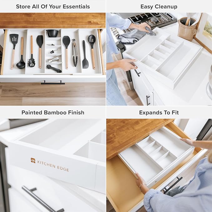 Utensil & Junk Drawer Organizer, 19-33 in, White Bamboo | Food-safe contract grade, 100% sustainable wood, non-slip, adjustable - Image 3