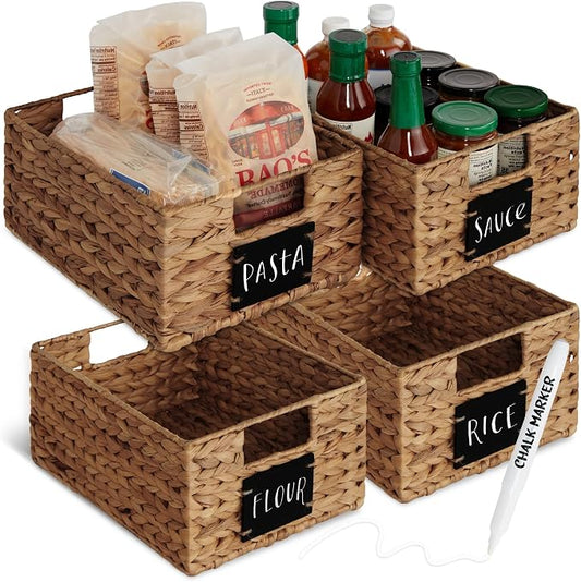 Best Choice Products Set of 4 9x12in Water Hyacinth Pantry Baskets, Woven Organizers w/Chalkboard Label, Chalk Marker - Chestnut by Unknown