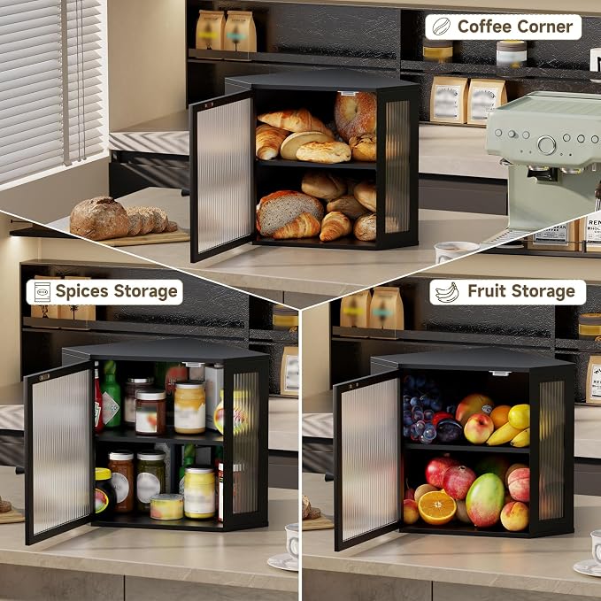 Corner Bread Box for Kitchen Countertop,Bread Storage Bin (Black, Medium) | Double Layer Large Capacity Bamboo Bread Container with Acrylic Door,Height Adjustable - Image 8