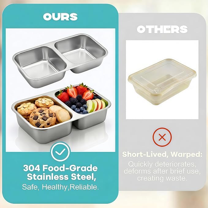 6 Pack Stainless Steel Snack Containers with Lids, 2 Compartment Metal Bento Snack Boxes, Reusable Divided Food Storage Containers for Dry Snacks, Lunch, Office, Travel - Image 7