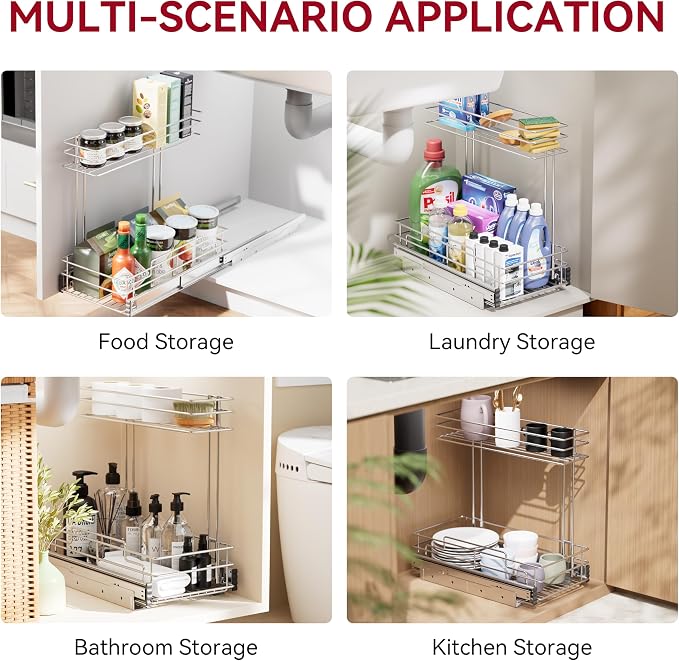 Under Sink Organizer 9" W X17 D, Pull Out Cabinet Organizer 2 Tier | Under Sink Slide Out Chrome Plated, Under Kitchen Bathroom Organizer, Pantry Cabinet Closet Organization Rack, 1 Pack - Image 6