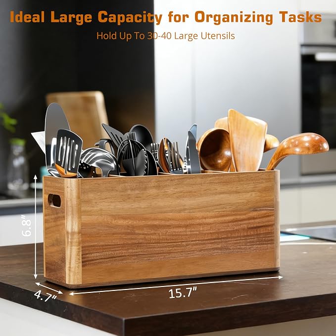 Wooden Utensil Holder for Kitchen Counter, Cooking Utensils Holder for Countertop, Kitchen Utensils Holder for Countertop, Large Utensil Holder for Kitchen Counter (Tan, 4 Compartment) - Image 2