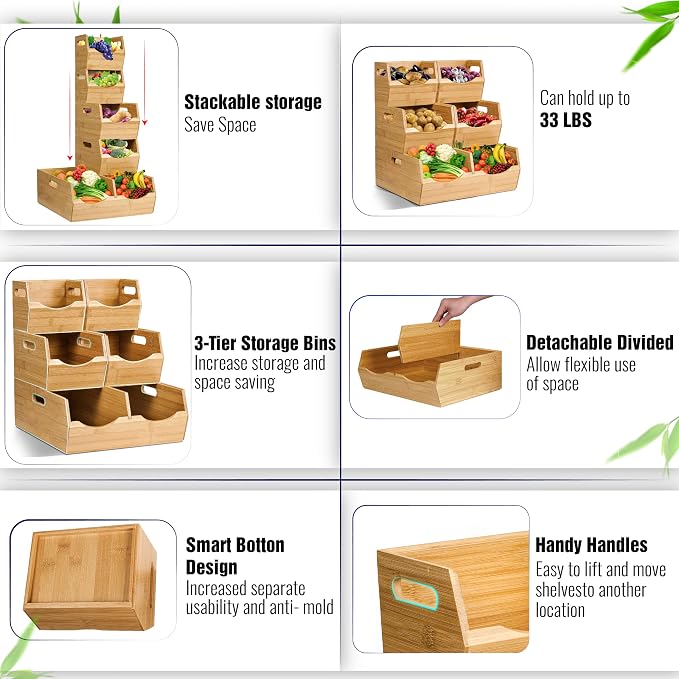 3-tier Stackable Bamboo Pantry Storage Bins, Potato & Onion Storage Baskets | Upgraded Storage Basket with Handles, Removable Divider, Natural Pantry Organizer Holder for Kitchen, Cabinet, Fruit Storage - Image 3