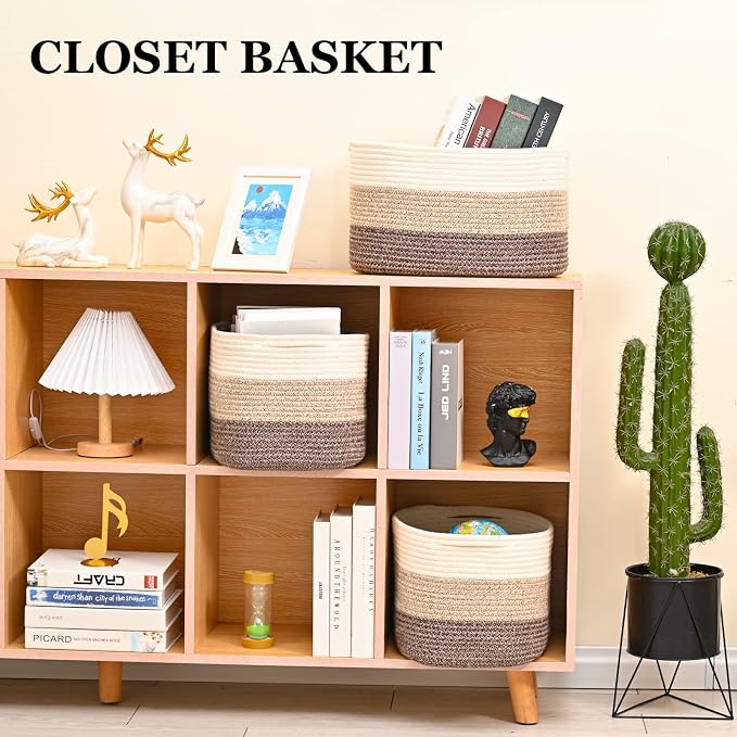Cotton Rope Storage Baskets for Organizing 1Pack 15"x10"x9" Woven Baskets for Storage,Shelf Baskets Cube Storage Bins Towel Baskets for Bathroom,Toys Baskets Nursery Basket Laundry Baskets(White/Brown) - Image 4