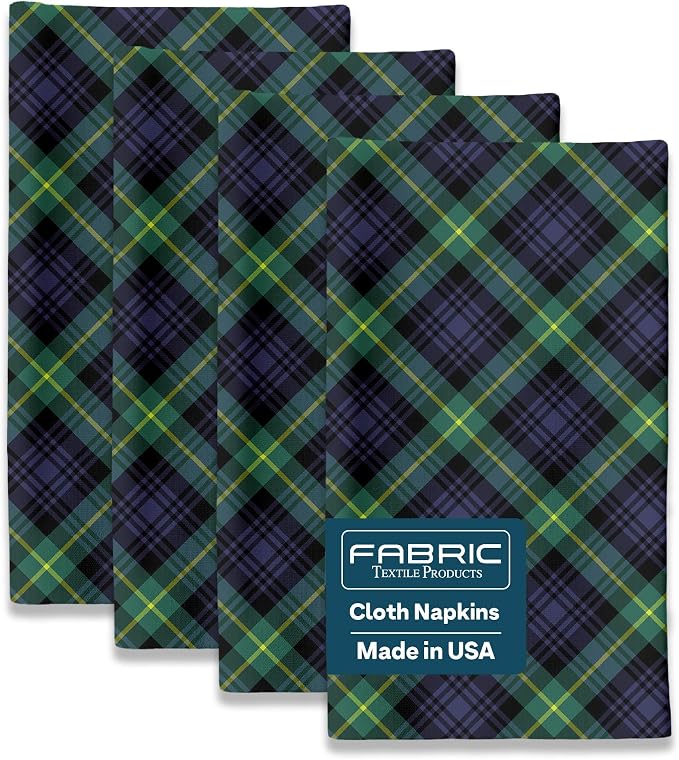 Blue & Green Tartan Cloth Napkins Set of 12 | Decorative Plaid Dinner Napkins | Made in The USA | Stain-Resistant & Absorbent | Reusable by FabricTextileProductsInc