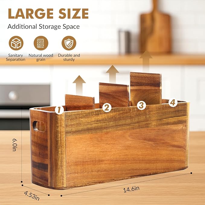 Kitchen Utensil Holder for Counter or Countertop, Extra Large Acacia Wood Organizer with 4 Compartments, Wooden Storage for Cooking and Silverware, Rustic Minimalist Decor, Sturdy Utensil Crock - Image 4