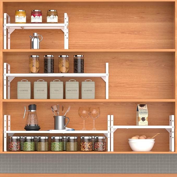 Expandable Cabinet Storage Shelf Organizer Rack, Heavy Duty Cupboard Stand Spice Rack Adjustable Height Garage Pantry Shelf Space Riser for Counter Kitchen Organization, White, 1 Pack - Image 4