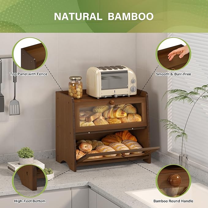 Double Layer Bread Box Container for Kitchen Countertop Homemade Bread | Large Breadbox Storage Wooden Farmhouse Bread Holder (Brown, Medim-15.7" L x 9.5" W x 13" H) - Image 5