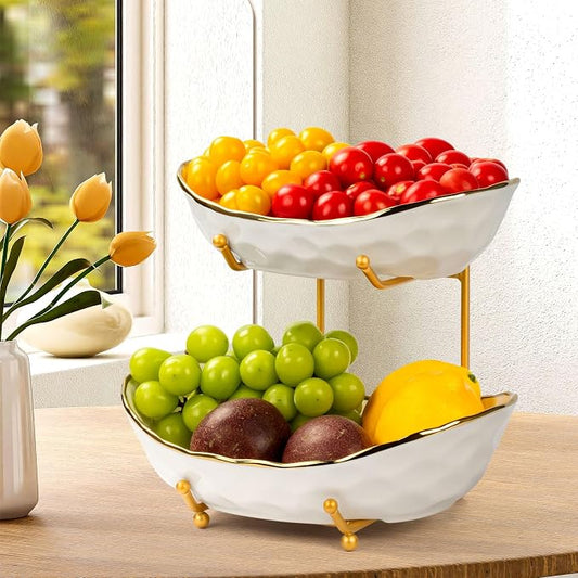 Fruit Bowl for Kitchen Counter - Two Tier Ceramic Fruit Basket, Fruit Holder for Fresh Fruit&Veggies, Modern Tiered Fruit Platter Serving Trays for Party by Unknown