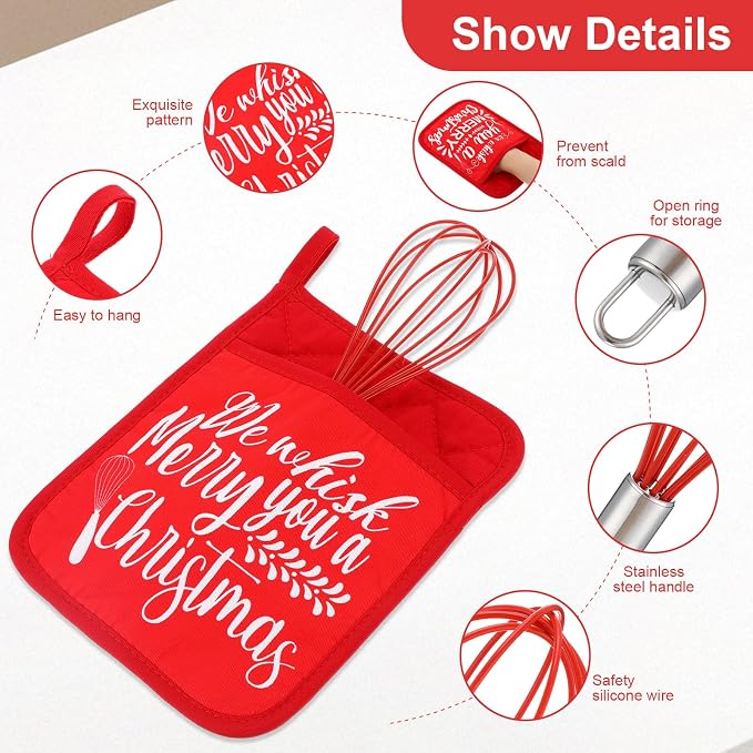 LemonRoad 12 Sets Christmas Whisk Baking Gift Set Xmas Silicone Whisks Oven Mitt Pot Holder Greeting Cards Ribbon Bags for Holiday Kitchen Utensils Cooking Supplies Neighbor Gift(Classic,Red) - Image 3