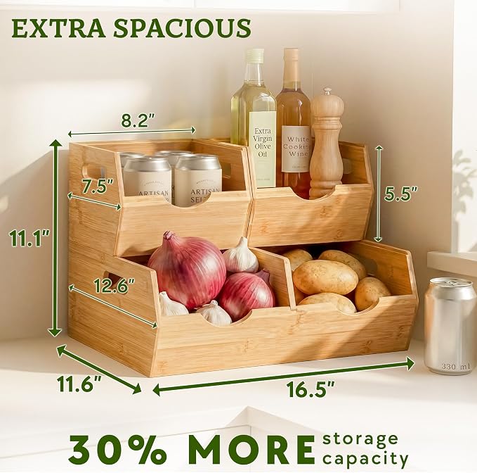 HOMESTEAD Extra Large Bamboo Pantry Storage Bins – 30% Larger, Stackable Potato Onion Storage Bin, Large Pantry Organizers and Storage, Produce Vegetable Organizer, Set of 3 - Image 2