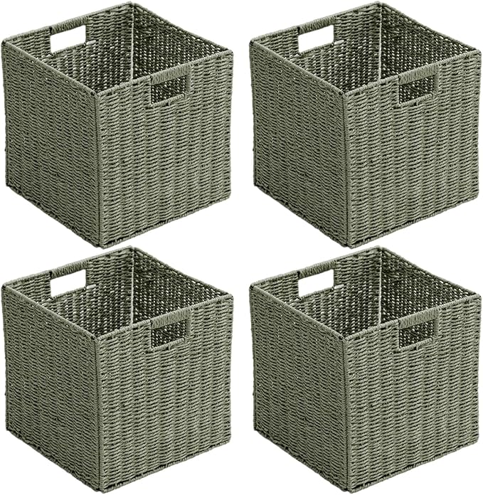 Handwoven Paper Woven Cube Basket Organizer with Handles set of 4 Foldable Storage baskets for Bedroom Living Room Cubby Storage Units for Clothes Books Toys (Green, 13" L x 13" W x 13" H) by HaoGZMZFCL
