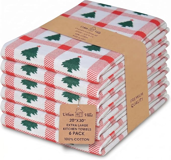 Urban Villa Kitchen Towel Cotton Dish Towel 20”x30” (Set of 6) Christmas Tree by CottonTrends