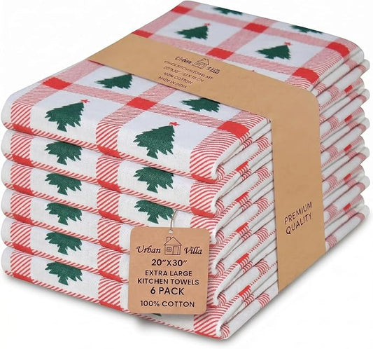 Urban Villa Kitchen Towel Cotton Dish Towel 20”x30” (Set of 6) Christmas Tree by CottonTrends