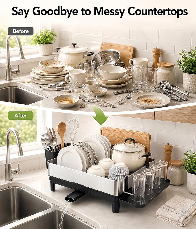 Dish Drying Rack, 17-Inch Dish Drainer for Countertop, Stainless Steel | 4-Way Adjustable Drainage Spout, Removable Cup & Chopstick Holder, Tool-Free Setup, Rustproof Utensil Holder for Kitchen Sink - Image 7