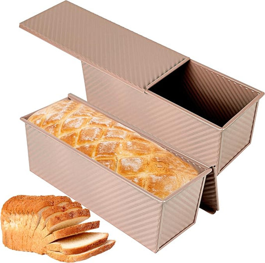 2-pack 2.2lb Aluminized Steel Gold Pullman Loaf Pan with Lid, Premium Non-Stick Coating Bread Pan, PFTE and PFOA-Free, Safe and Healthy Baking for Homemade Bread with Family-sized Recipes by Spmarkt-EasyBakingHome