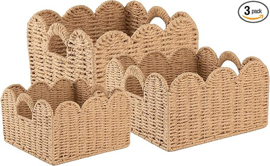 OIAHOMY Scalloped Wicker Baskets, Hand-woven Storage Baskets with Built-in Handles, Paper Rope Shelf Baskets for Organizing and Decoration, Set of 3-Yellow by MasterofSpaceOptimization