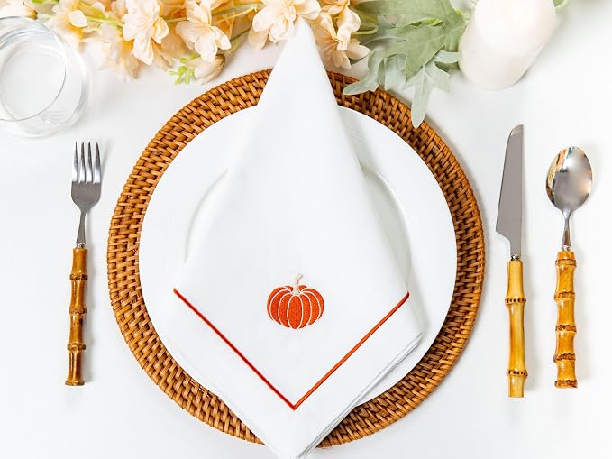 Hofdeco Premium Fall Coastal Cotton Cloth Napkins Set of 4, 20"x20" Washable Dinner for Events, Parties, Rust Orange Embroidered Pumpkin - Image 3