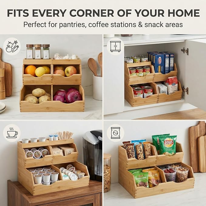 Bamboo Pantry Storage Bins Set 5 Pieces - Stackable Baskets, Potato and Onion Storage, Bamboo Wood Storage Bins for Pantry Baskets Organization and Storage, Kitchen Essential - Image 4