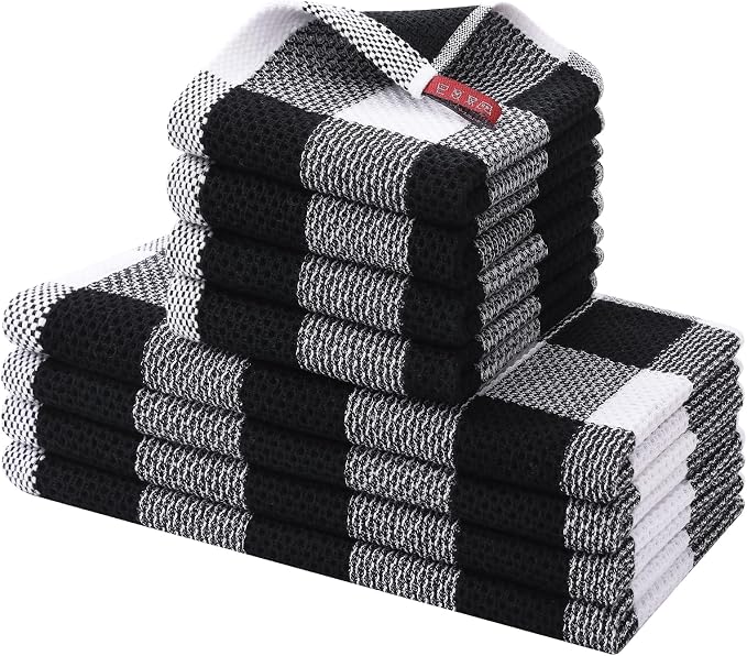 Homaxy Kitchen Towels and Dishcloths Set, Set of 8, White & Black | Bulk Cotton Waffle Weave Check Plaid Kitchen Towels, Super Soft and Absorbent Dish Cloths, 12 x 12 and 13 x 28 Inches by Homaxy