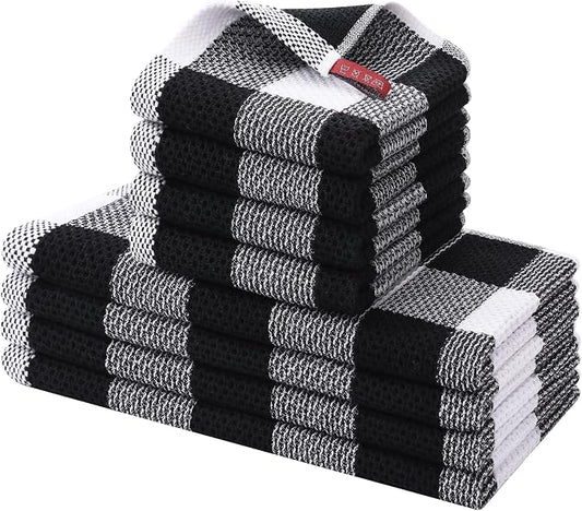 Homaxy Kitchen Towels and Dishcloths Set, Set of 8, White & Black | Bulk Cotton Waffle Weave Check Plaid Kitchen Towels, Super Soft and Absorbent Dish Cloths, 12 x 12 and 13 x 28 Inches by Homaxy