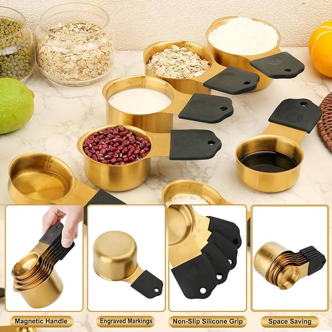 Gold Magnetic Measuring Cups & Spoons Set of 16, 7 Stainless Steel Measuring Cups, 8 Double-Sided Measuring Spoons & 1 Leveler, Premium Finish Baking Tools Kitchen Gadget for Dry & Liquid Ingredients - Image 4