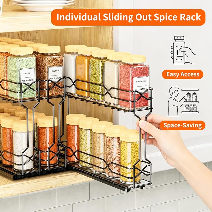 RCHYFEED 3 Pack Pull Out Spice Rack Organizer for Cabinet,2.1 Wx10.5 Dx8 H | Chrome,2 Tier Heavy Duty Cabinet Spice Organizer,Tape or Screw Mount Available Perfect for Cabinet & Pantry,Jars Not Included - Image 4