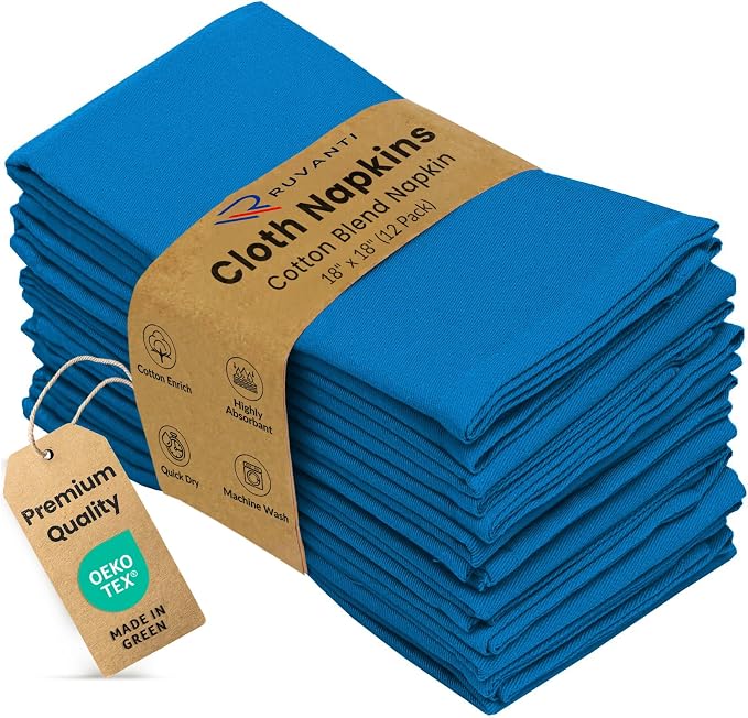 Ruvanti Cloth Napkins Set of 12, 18x18 Inches Napkins Cloth Washable, Soft, Durable, Absorbent, Cotton Blend. Table Dinner Napkins Cloth for Hotel, Lunch, Restaurant, Wedding Event, Parties - Blue by Ruvanti