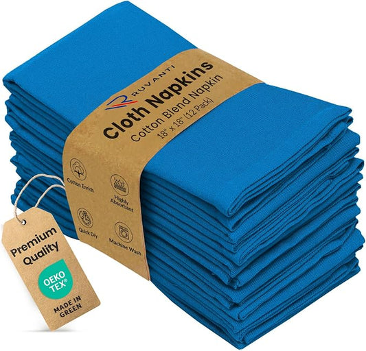 Ruvanti Cloth Napkins Set of 12, 18x18 Inches Napkins Cloth Washable, Soft, Durable, Absorbent, Cotton Blend. Table Dinner Napkins Cloth for Hotel, Lunch, Restaurant, Wedding Event, Parties - Blue by Ruvanti