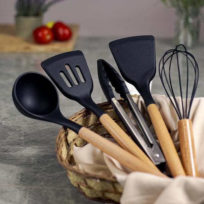 33-Piece Silicone Kitchen Utensils Set - Cookware Kit with Slotted Turner, Spoons, Ladle, Spatula, Measuring Cups & Spoons, Basting Brush, Egg Whisk, Tongs - Nonstick Cooking Accessories - Image 4