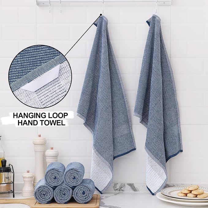 Homaxy 380 GSM Cotton Premium Kitchen Towels 6 Pack, 18"x 28", Navy Blue | Flat and Terry Dish Towels, Highly Absorbent Tea Towel Set with Hanging Loop, Soft Utility Kitchen Hand Towels - Image 3